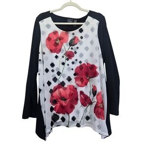 Travelers by Chicos Black Poppy Floral Sheer Overlay Tunic Top‎ Size 2 Large Art